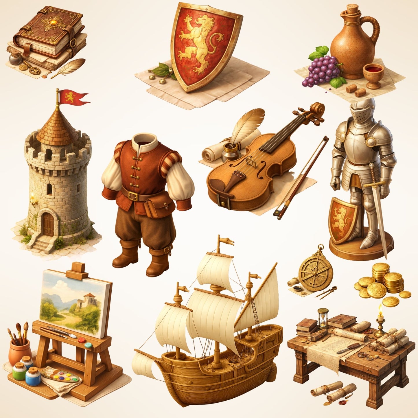 Renaissance Europe 3D Clipart – 57 Medieval PNG Files – Castles, Knights, Ships & Historical Graphics