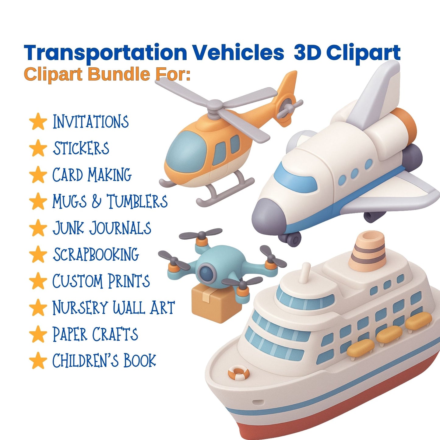 Transportation PNG Clipart – 3D Vehicle Graphics for Kids, Cars, Planes, Trains & Travel Art (50 Files)