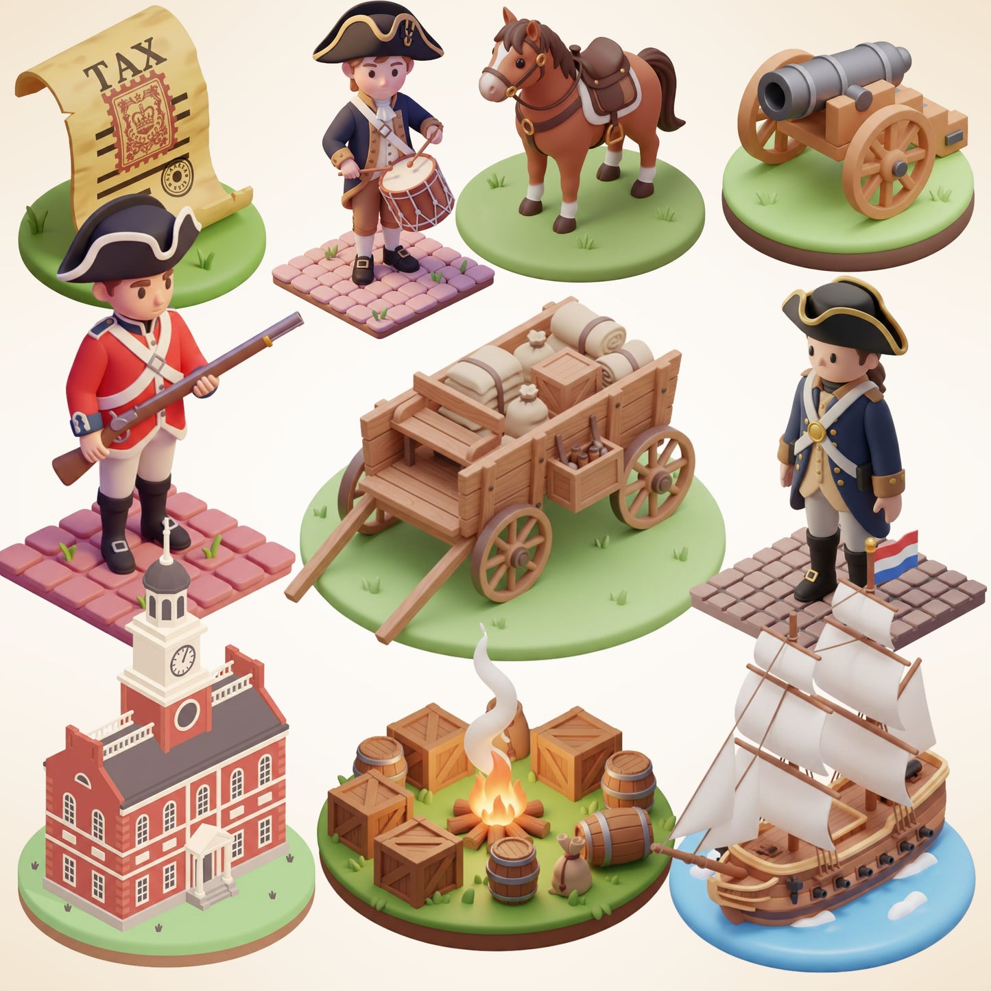 American Revolution 3D Clipart PNG Bundle – 60 Colonial War & Independence History Graphics