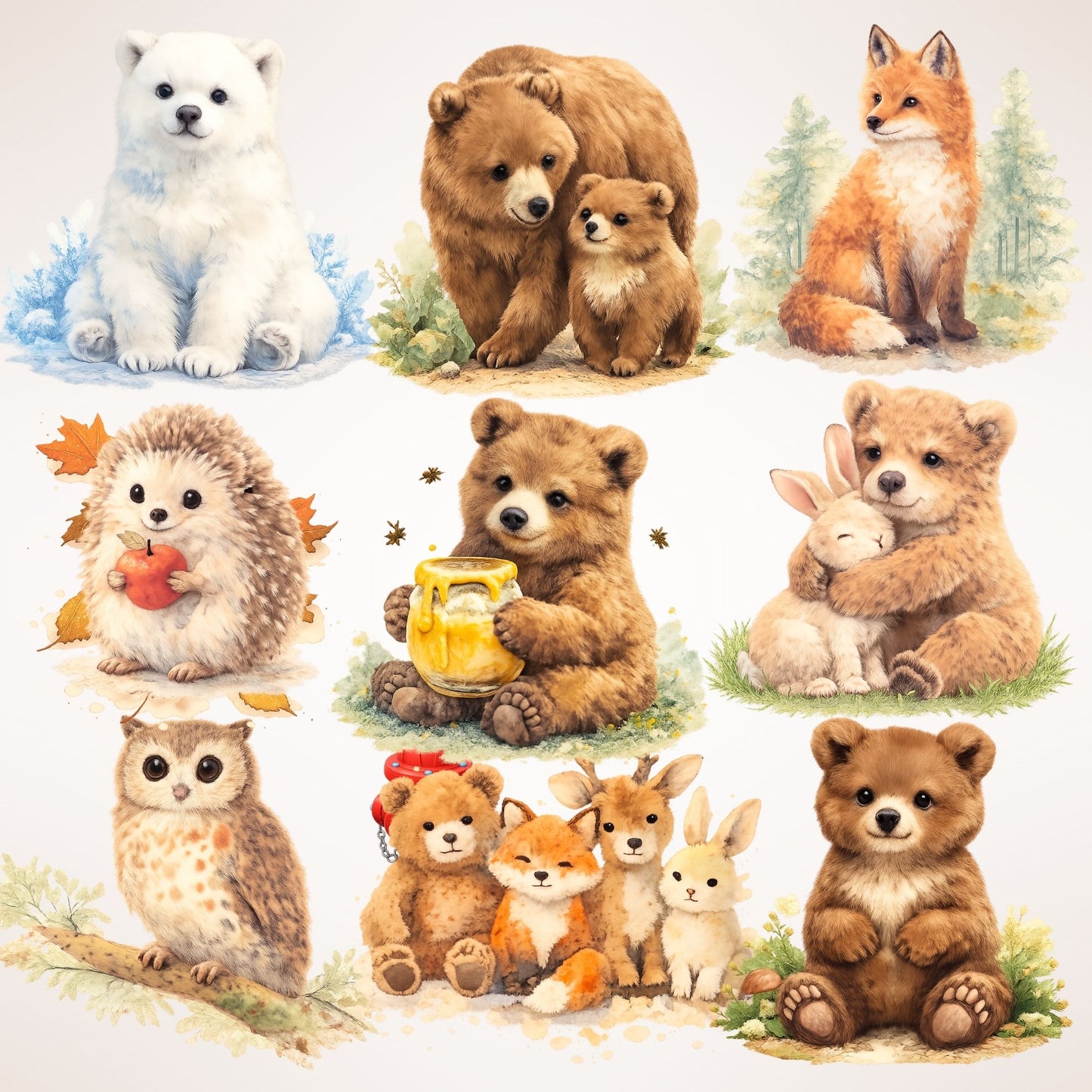 Woodland Bear Clipart Bundle – 52 Watercolor Forest Animals PNG | Nursery & Baby Shower Art