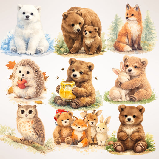 Woodland Bear Clipart Bundle – 52 Watercolor Forest Animals PNG | Nursery & Baby Shower Art