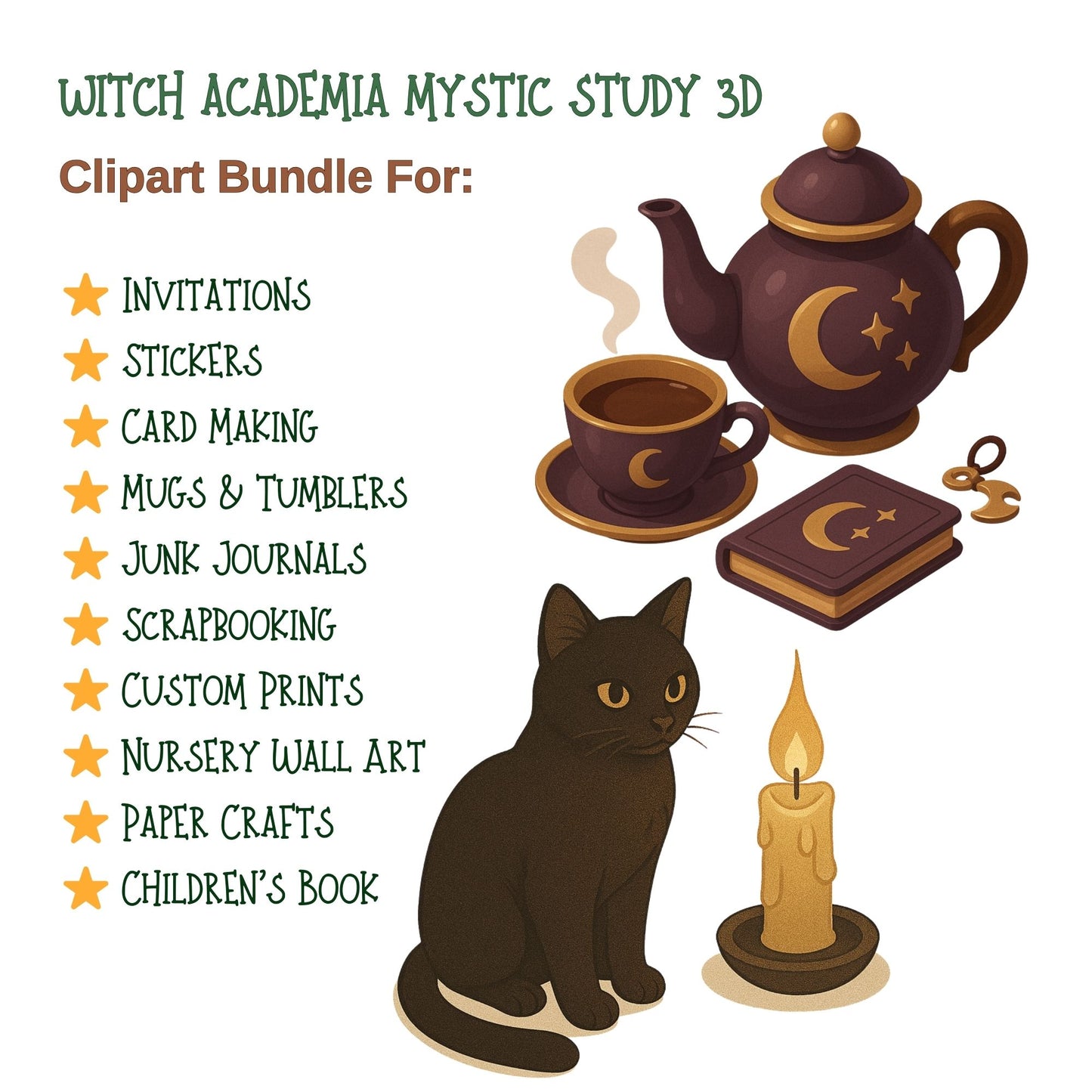 Witch Academia 3D Clipart PNG – Mystic Study, Spell Books, Crystals & Cauldrons (50 PNG)