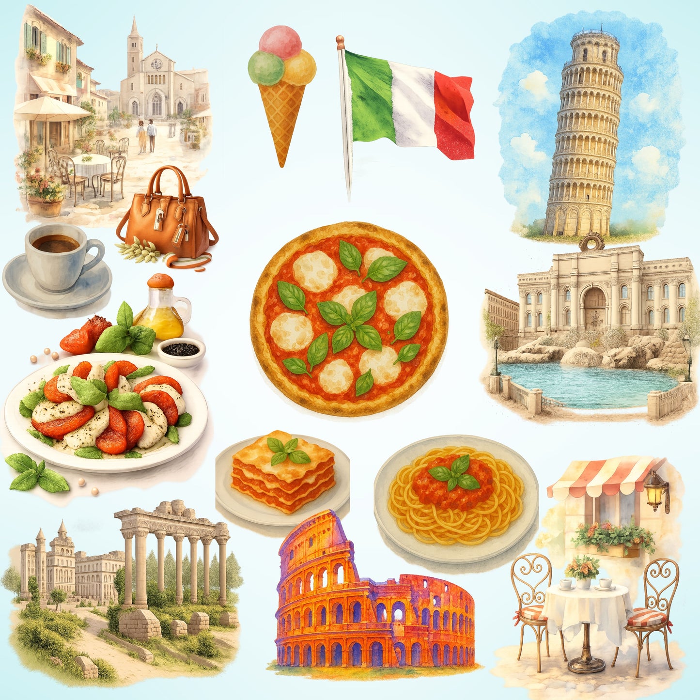 Italy Clipart – 50 Watercolor Italy PNG Files – Italian Food, Landmarks & Travel Graphics