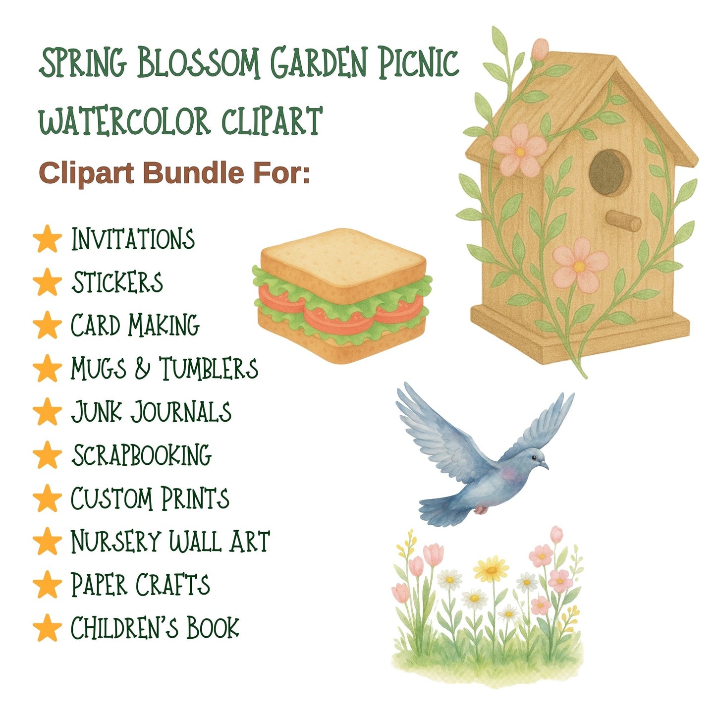 Spring Picnic Watercolor Clipart – Garden Party PNG, Picnic Table, Flowers, Lemonade, Spring Decor Art (50 PNG)