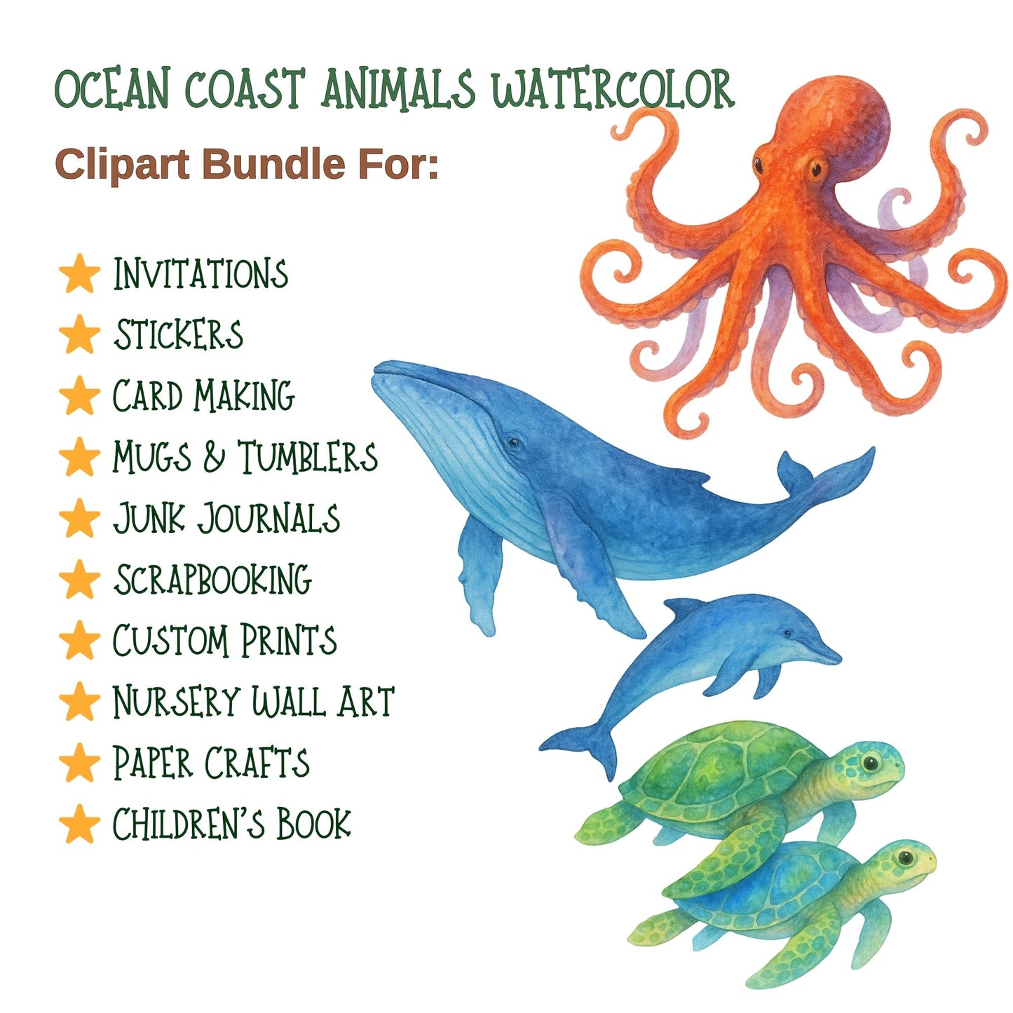 Ocean Coast Animals Watercolor Clipart PNG – Sea Life, Beach & Marine Art (50 PNG)