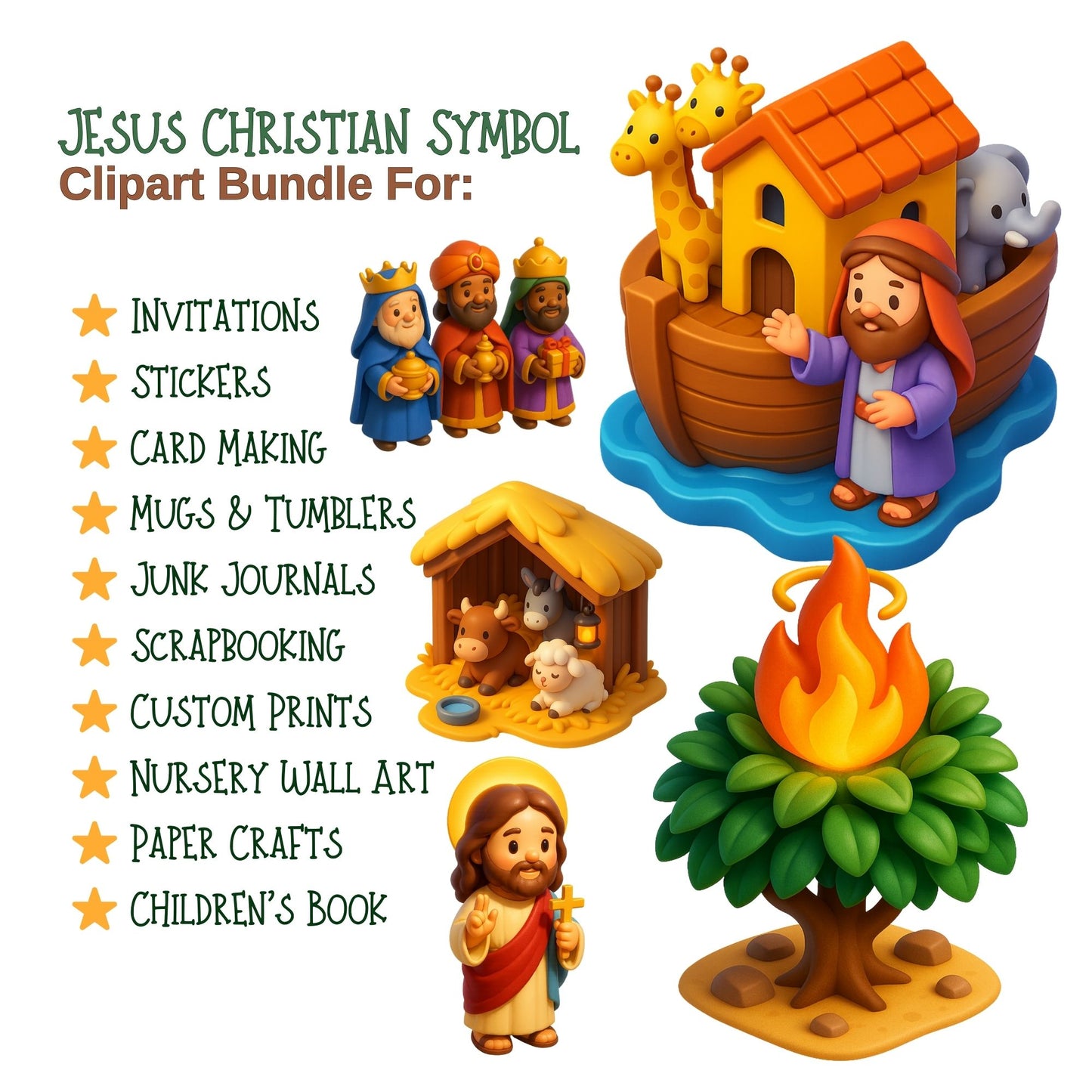 Jesus Christian Clipart PNG Bundle, 3D Religious Symbols, Cross Bible Church Dove Faith Art (60 PNG)