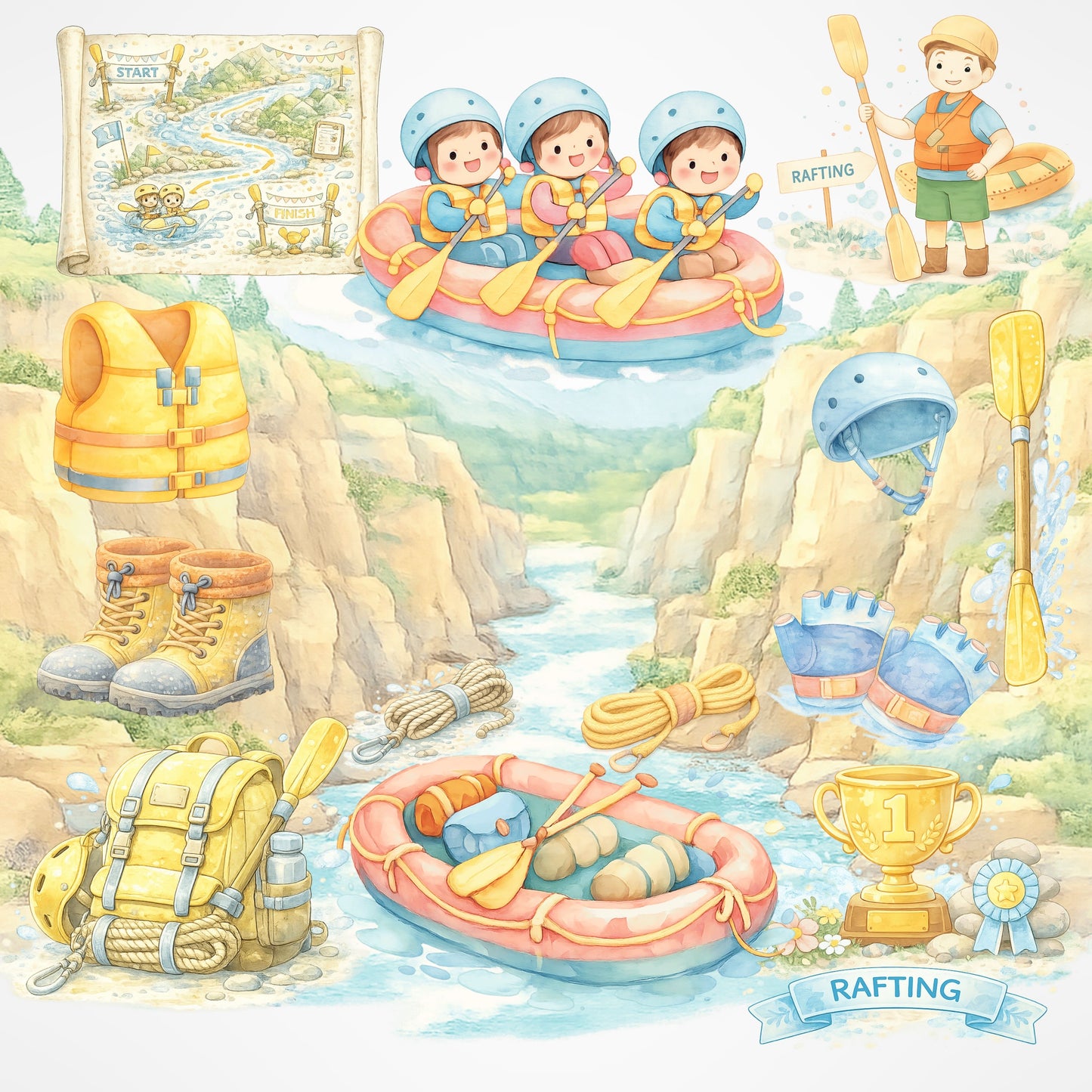 Rafting Watercolor Clipart – Outdoor Adventure PNG, Kids Camping & River Rafting Illustrations for Travel Journals, Invitations & Crafts (51 PNG)