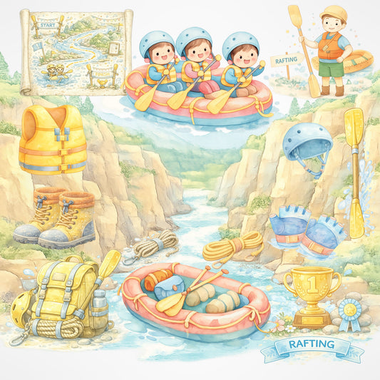 Rafting Watercolor Clipart – Outdoor Adventure PNG, Kids Camping & River Rafting Illustrations for Travel Journals, Invitations & Crafts (51 PNG)