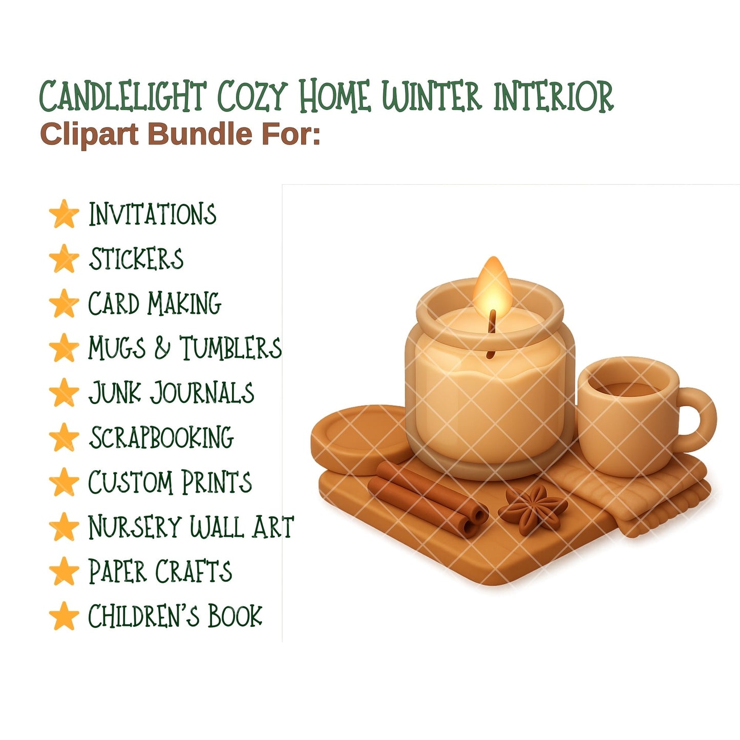 Cozy Winter Interior Clipart PNG | Hygge Candlelight Home Decor | Warm Aesthetic Winter Room Art | Cozy Home PNG | Commercial Use