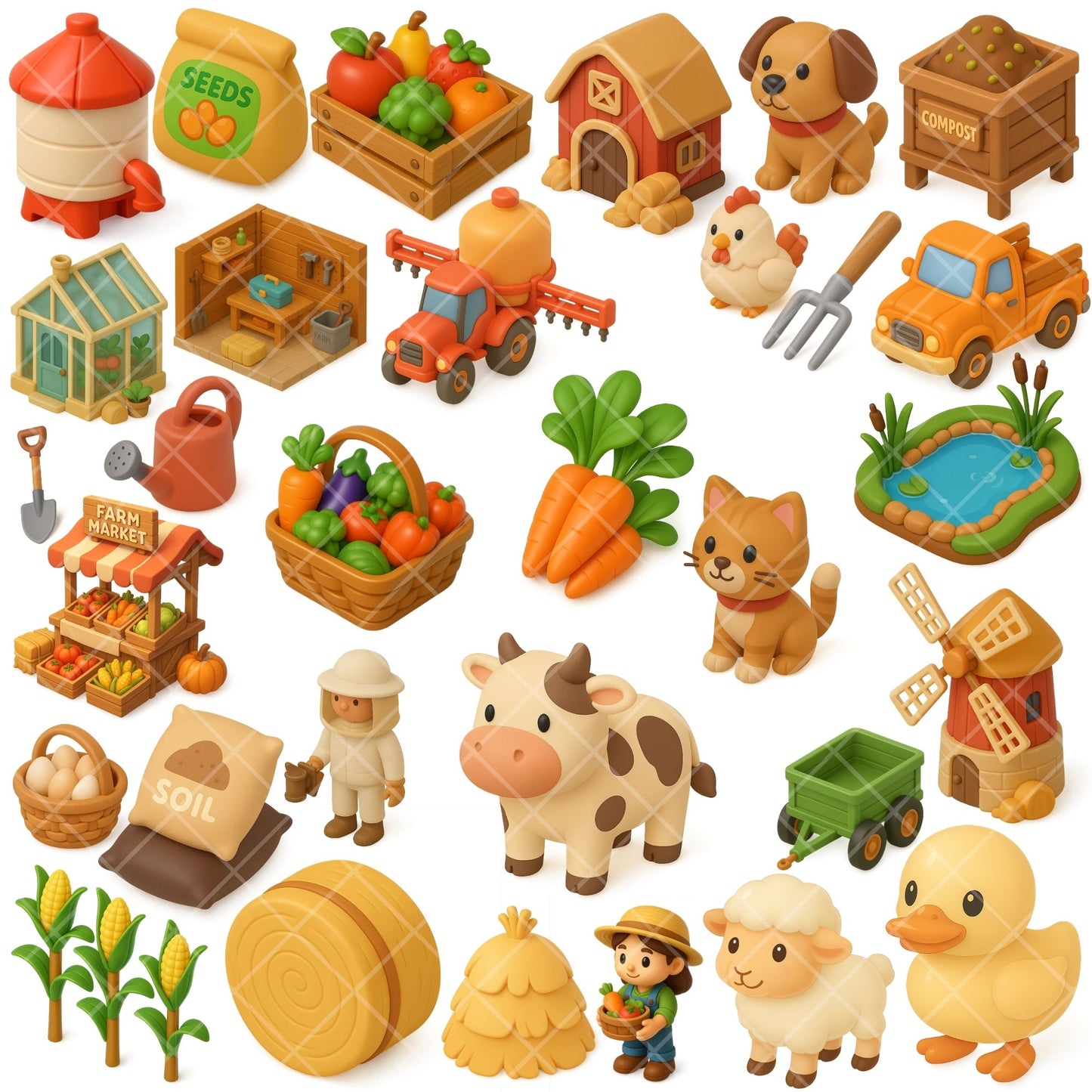 Farmer Agriculture PNG Clipart Set, Farm Animals & Gardening Graphics, Kids Crafts Stickers, Planner Clipart, 49 PNG Files