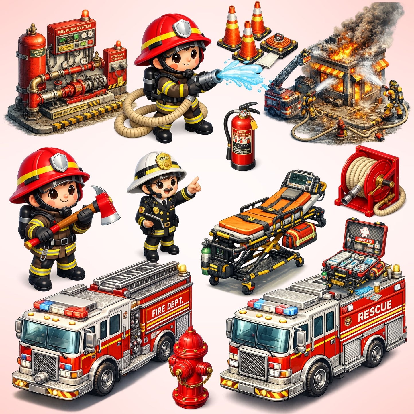 Firefighter 3D Clipart PNG Bundle – 47 Cartoon Fire Truck & Emergency Services Graphics