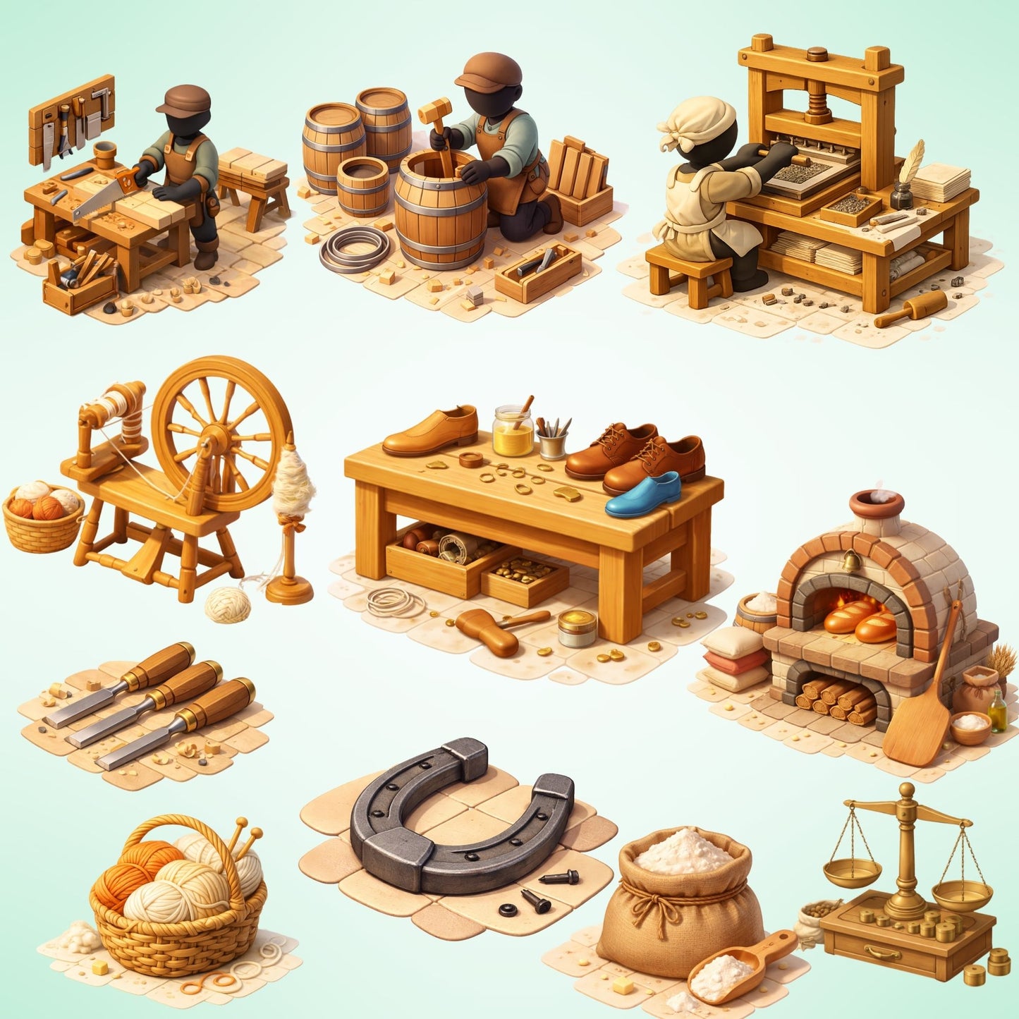 Colonial Trades Clipart – 54 Early American Profession PNG Files – Blacksmith, Baker & Colonial America Graphics