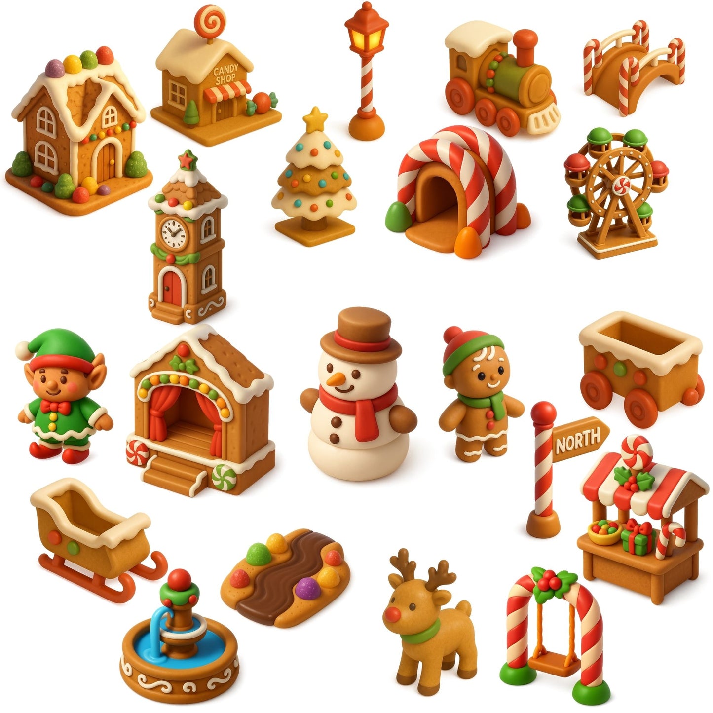 Gingerbread Village Clipart Bundle – 3D Christmas PNG, Candy House & Holiday Town Graphics, Cute Festive Clipart, 60 PNG