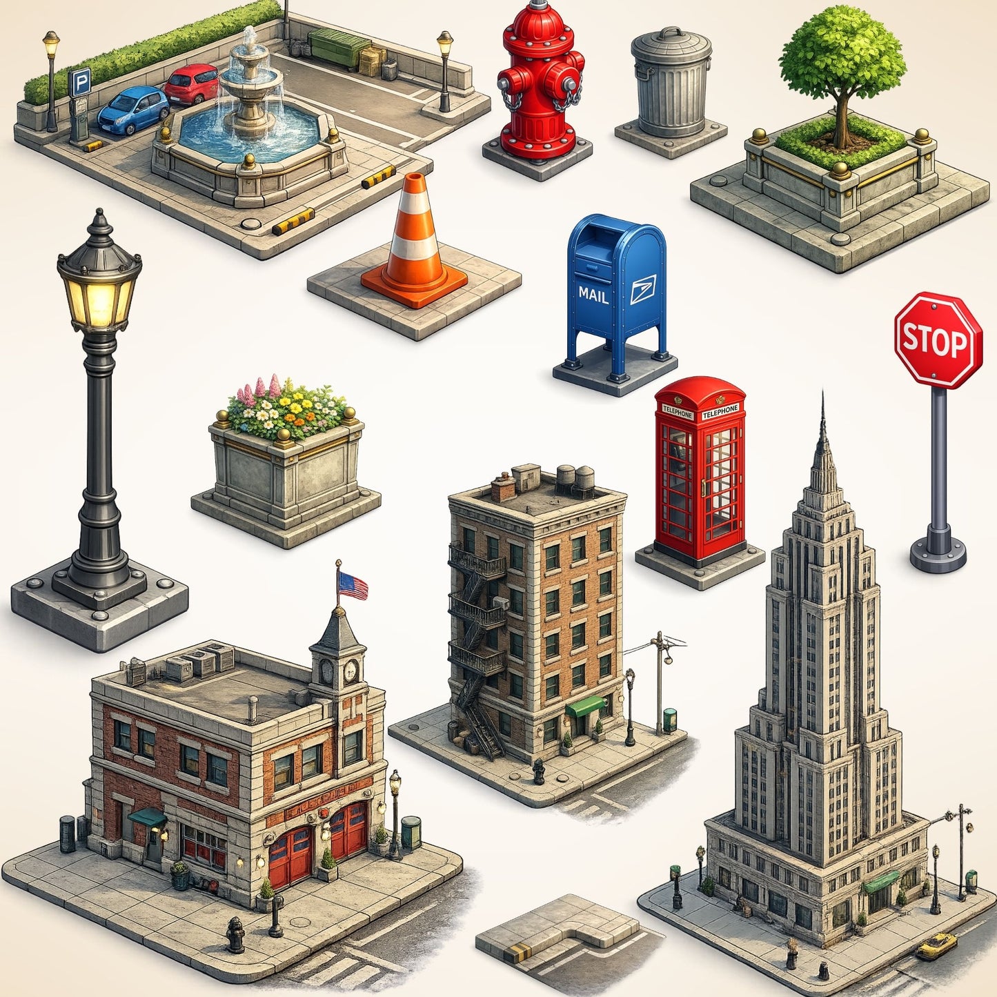 Modern Urban Props 3D Clipart PNG Bundle – 50 City Map & Game Asset Graphics for Isometric Design