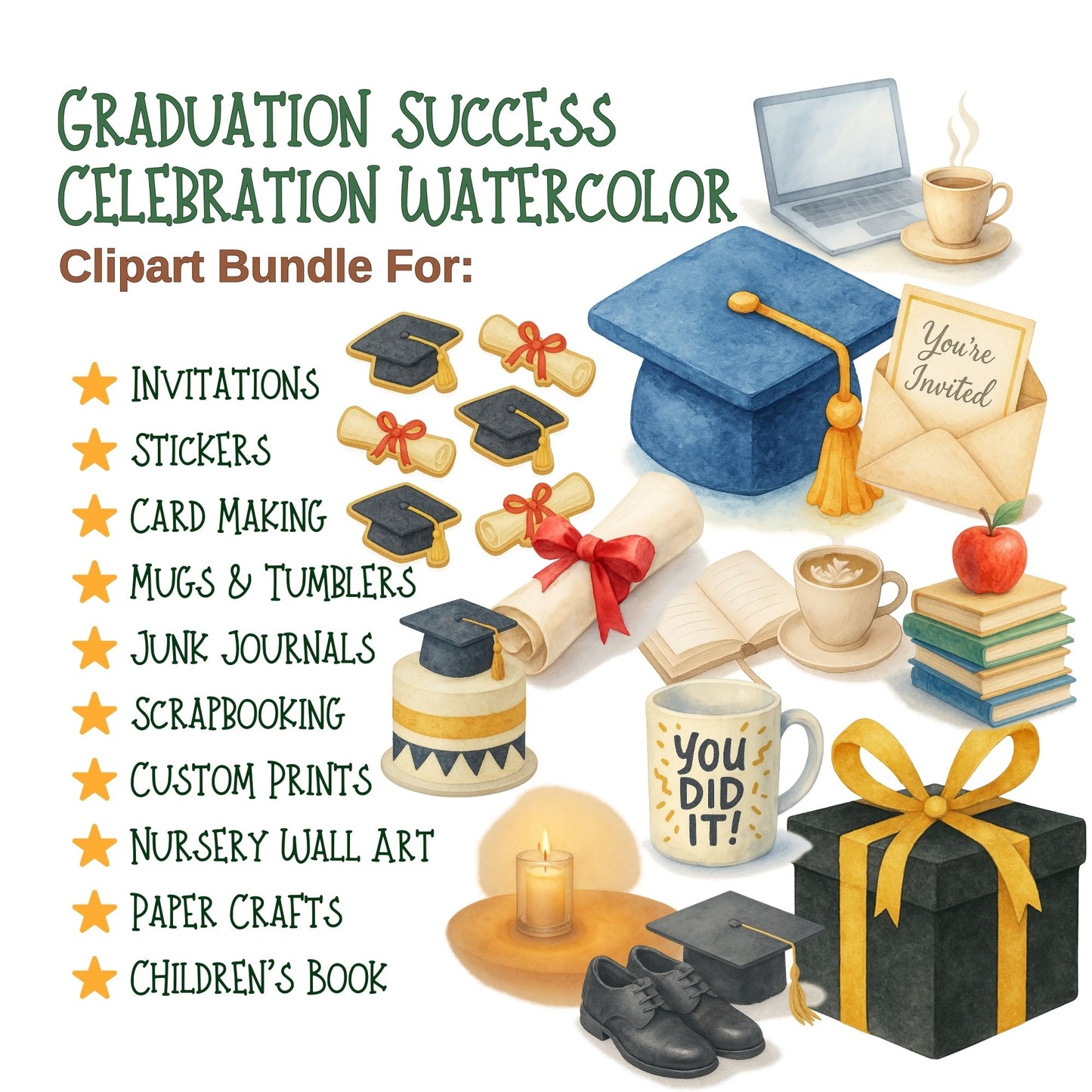 Graduation Watercolor Clipart – Cap & Gown Congrats PNG | Grad Party Decor, Invitations & Celebration Art (55 Files)