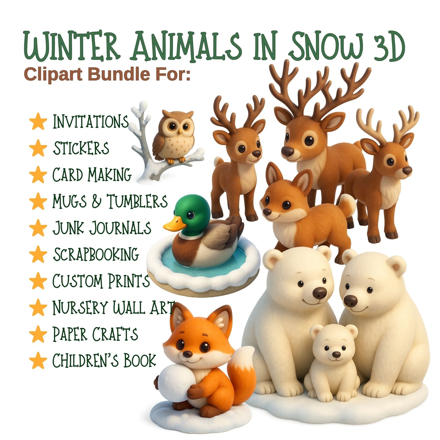 Winter Animals Clipart Bundle | 3D Snow Animals PNG | Cute Christmas Animals | Polar Bear Fox Penguin Clip Art | 60 PNG Digital Download