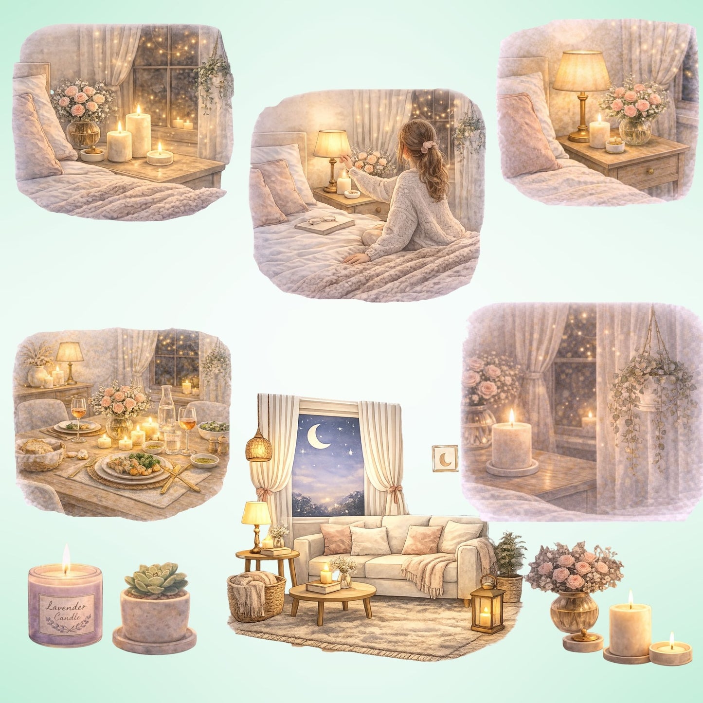 Cozy Feminine Home Clipart – 54 Watercolor Bedroom PNG Files – Night Routine, Candles & Aesthetic Room Decor