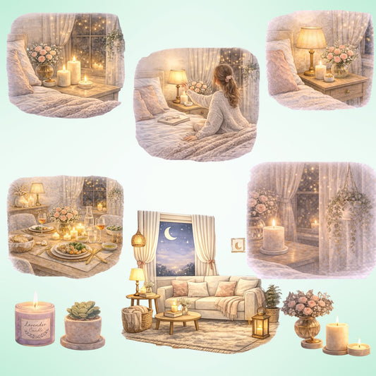Cozy Feminine Home Clipart – 54 Watercolor Bedroom PNG Files – Night Routine, Candles & Aesthetic Room Decor