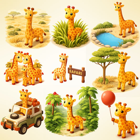 3D Giraffe Clipart Bundle – 52 Cute Isometric Jungle PNGs | Safari Nursery Art