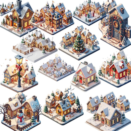 Winter Village Clipart – 52 Christmas Town PNG Graphics | Snowy Houses, Cozy Cabins, Holiday Village 3D Art
