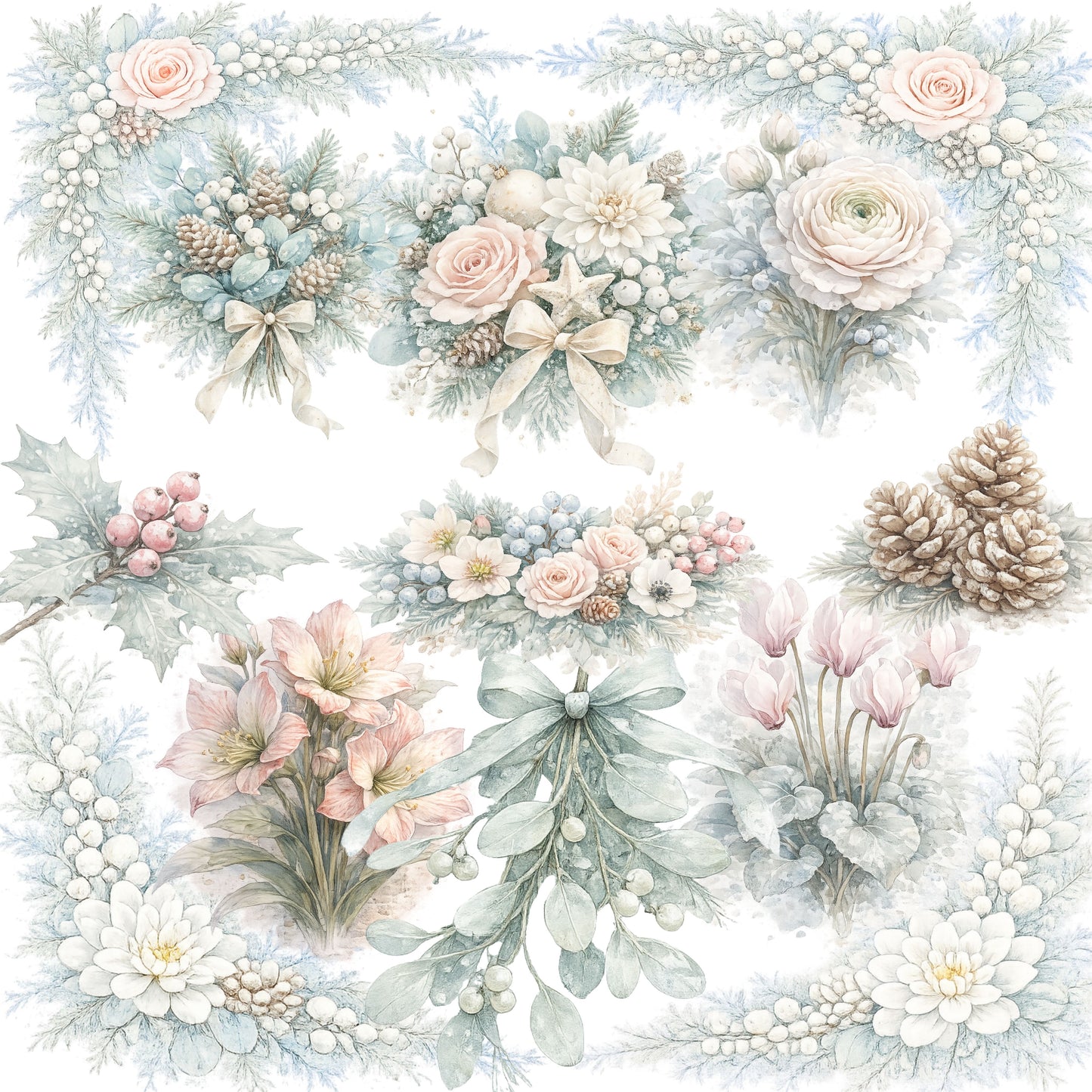 Winter Christmas Floral Clipart – 55 Watercolor Holiday PNG Files – Pine, Roses & Snowy Botanical Graphics