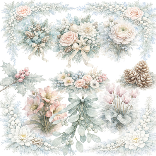 Winter Christmas Floral Clipart – 55 Watercolor Holiday PNG Files – Pine, Roses & Snowy Botanical Graphics