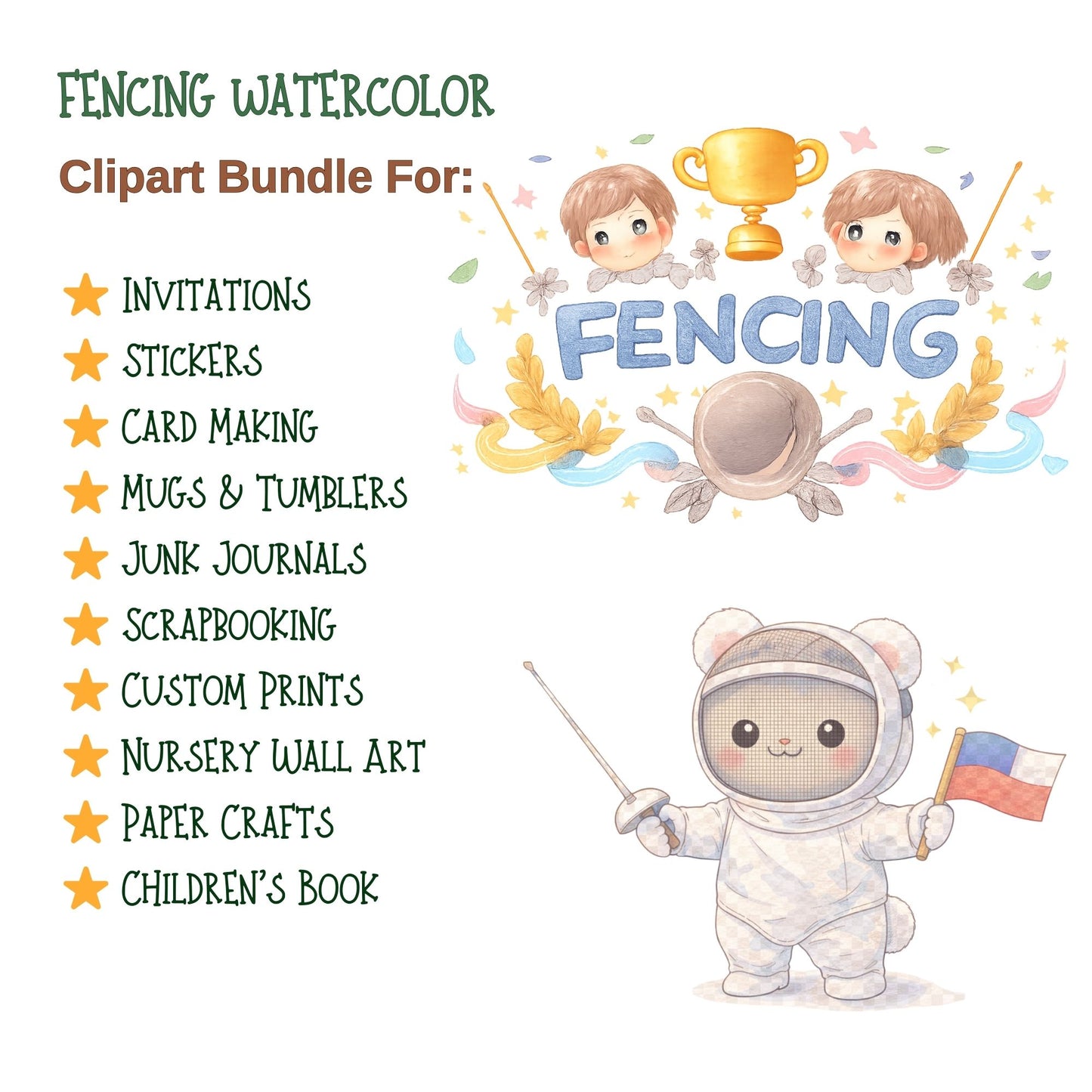 Fencing Watercolor PNG Clipart – Cute Fencers, Gear & Swords (50 Files)