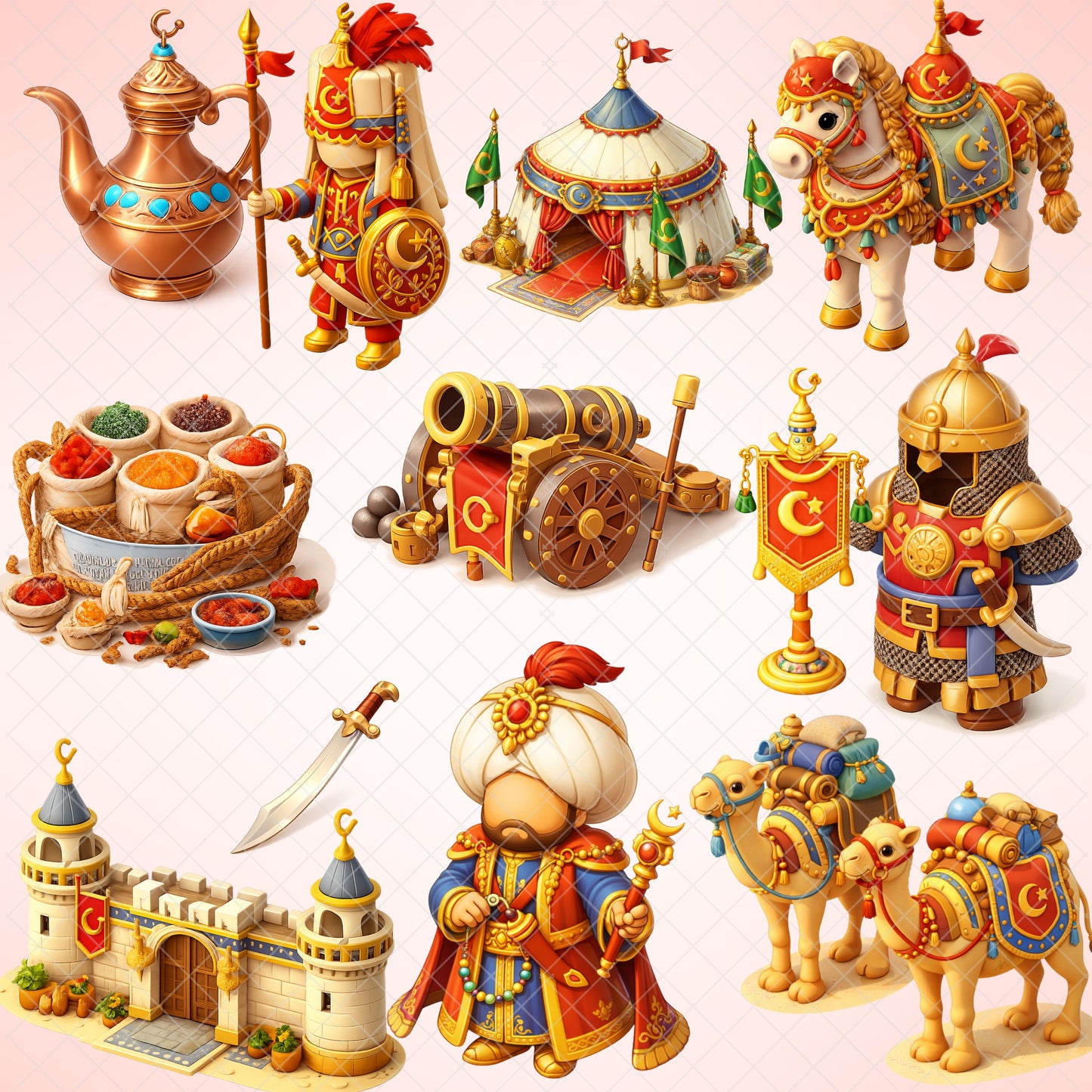 Ottoman Empire PNG Clipart Bundle, Turkish Sultan & Warrior Art, Medieval Castle Camel Market Graphics, Islamic History, Commercial Use, 55 PNG