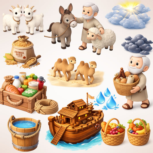 Noah’s Ark Clipart Bundle – 3D Bible Story PNG, Christian Kids Graphics, Ark & Animals Clipart, Sunday School Art, 60 PNG