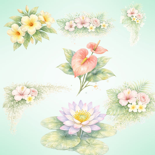Tropical Watercolor Flower Clipart – 55 Pastel Floral PNG Files – Hibiscus, Lotus & Tropical Leaves Graphics