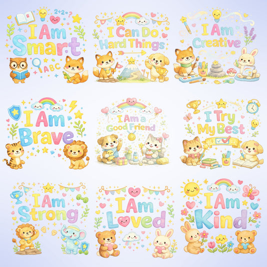 Positive Affirmations Clipart PNG Bundle – 55 Kids Growth Mindset Quotes with Cute Animal Watercolor Art