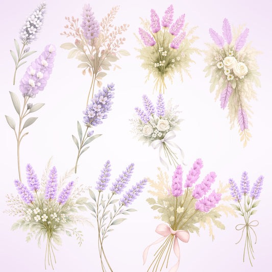 Lavender Watercolor Clipart – Purple Floral PNG Bundle (53 Files) – Wedding Invitations, Planner Stickers & Branding Graphic