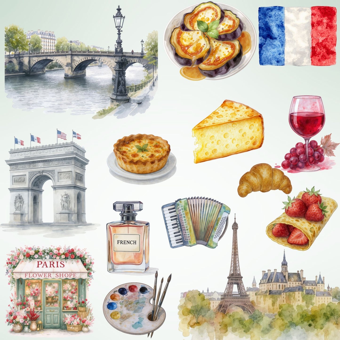 France Watercolor Clipart Bundle – Paris Culture PNG, Eiffel Tower, French Food & Landmarks for Journals, Crafts & Branding, 50 PNG