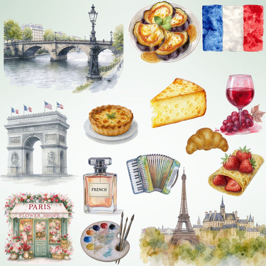 France Watercolor Clipart Bundle – Paris Culture PNG, Eiffel Tower, French Food & Landmarks for Journals, Crafts & Branding, 50 PNG