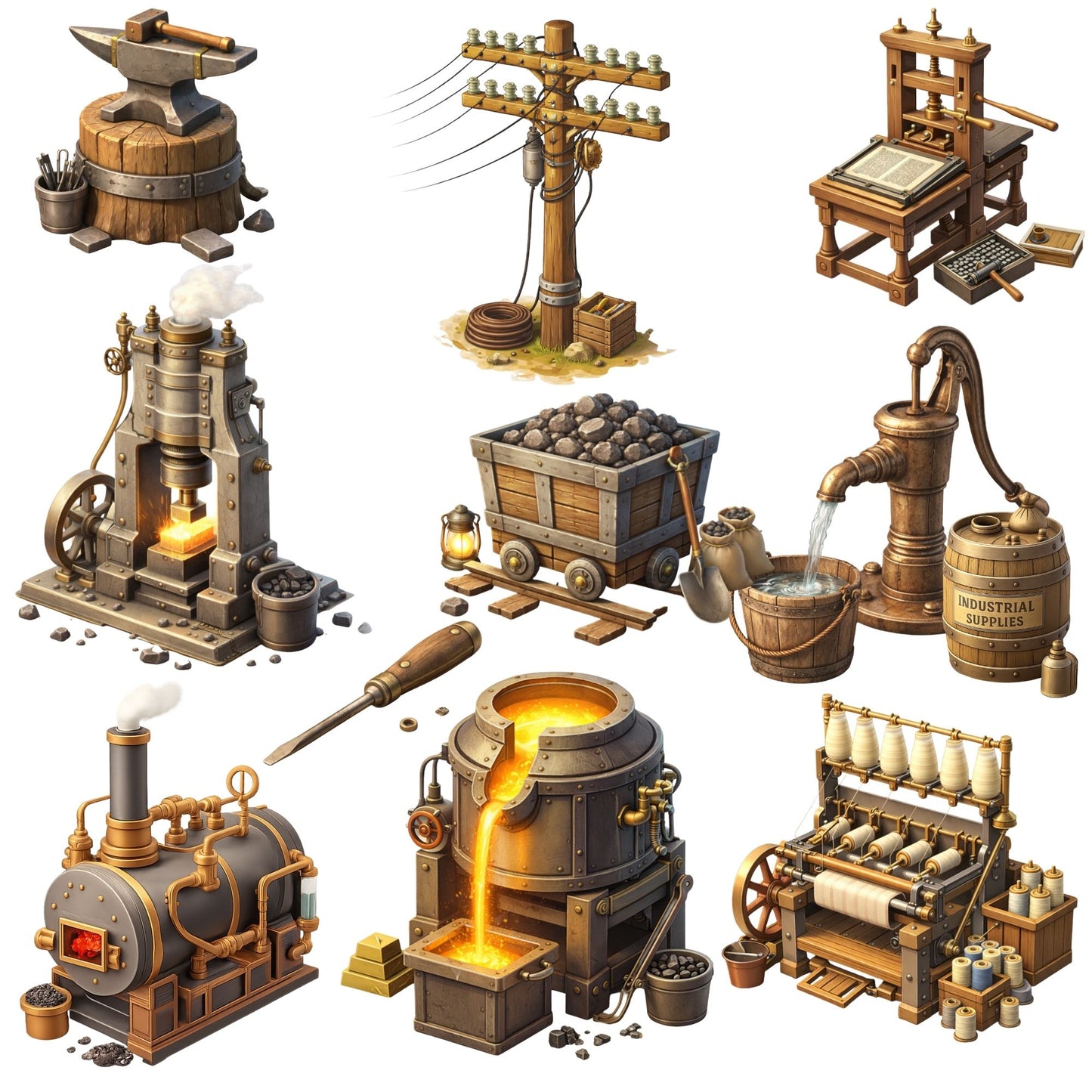 Industrial Revolution Clipart – 55 3D PNG Files – Steam Engine, Vintage Machinery & History Classroom Graphics