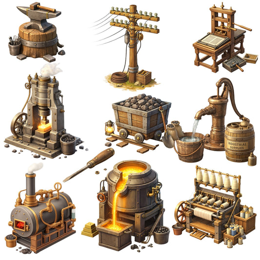 Industrial Revolution Clipart – 55 3D PNG Files – Steam Engine, Vintage Machinery & History Classroom Graphics