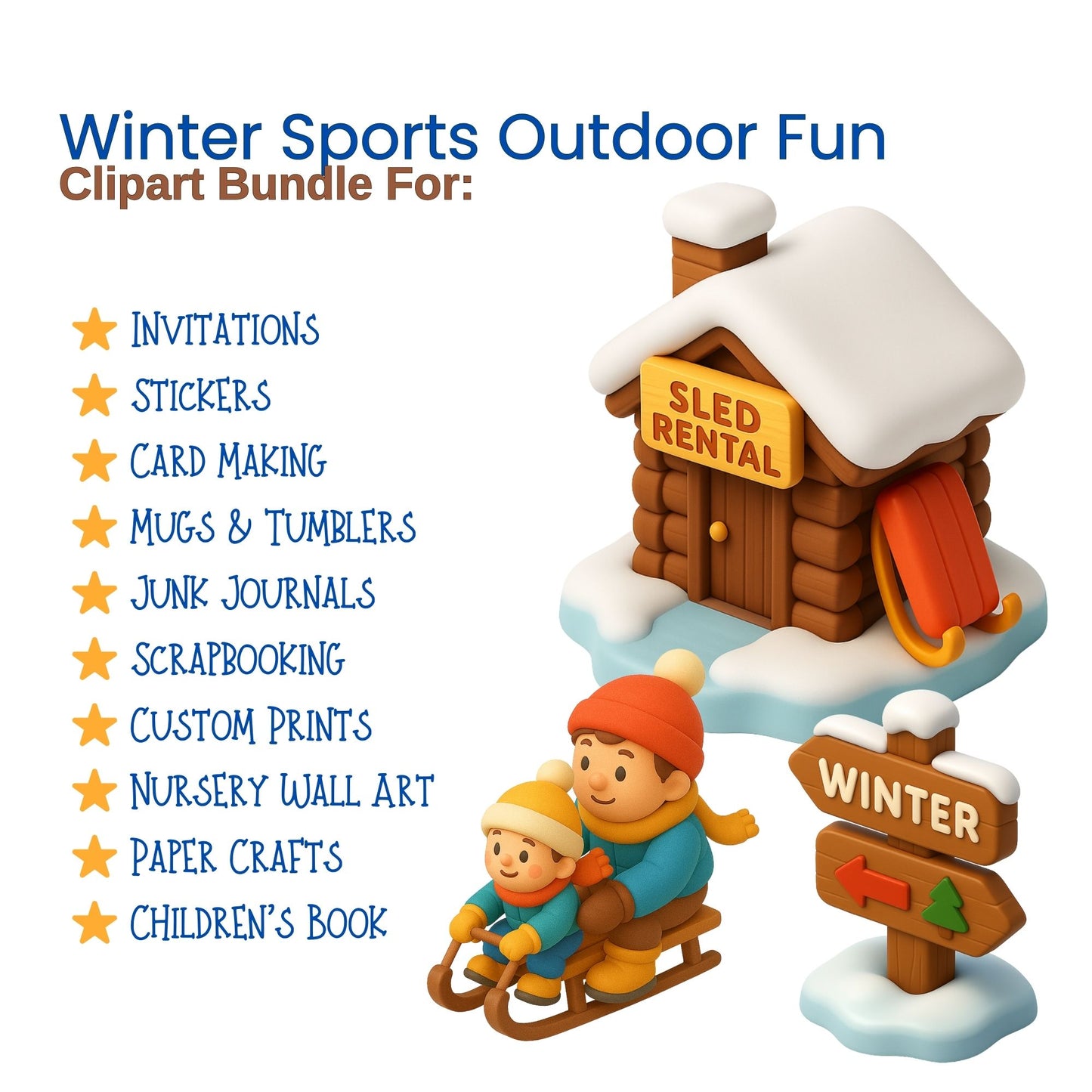 Winter Sports Clipart – 3D Snow Activities PNG, Kids Skiing & Ice Skating, Winter Clipart Bundle (60 Files)