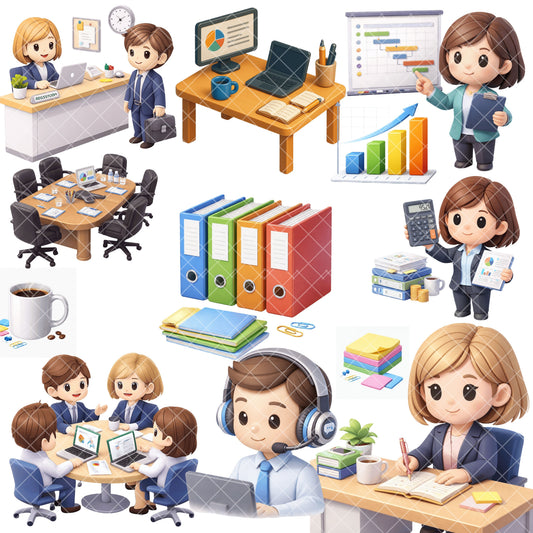 Office Worker PNG Clipart Bundle, Cute Business People & Office Supplies, Commercial Use Clipart, Digital Planner Graphics, 48 PNG