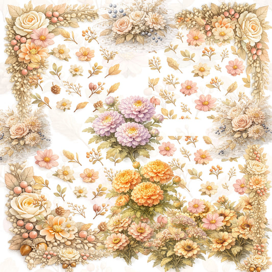 Autumn Watercolor Floral Clipart – Vintage Fall Flower PNG Bundle (55 Files) – Harvest Leaves, Bouquets, Wedding & Thanksgiving Graphics