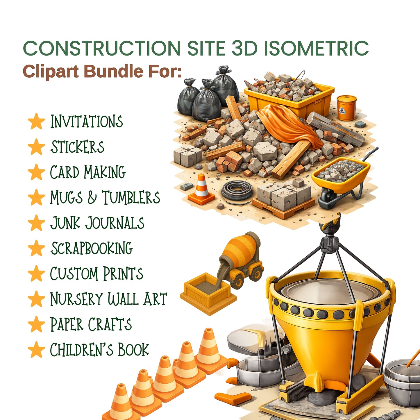 Construction Site 3D Isometric Clipart PNG | Heavy Machinery & Builder Tools | Kids Construction Graphics | Educational Clipart | Commercial Use