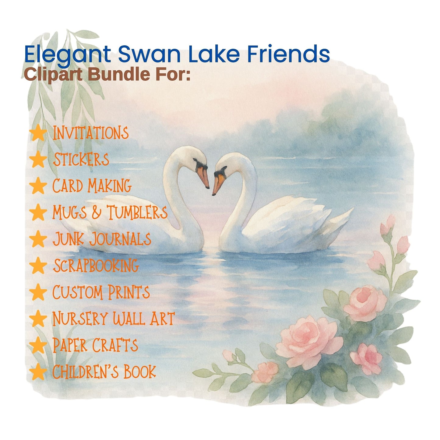 Swan Lake Watercolor Clipart Bundle – Elegant Pond Animals PNG, Swans & Nature Art, Wedding & Nursery Graphics, 50 PNG