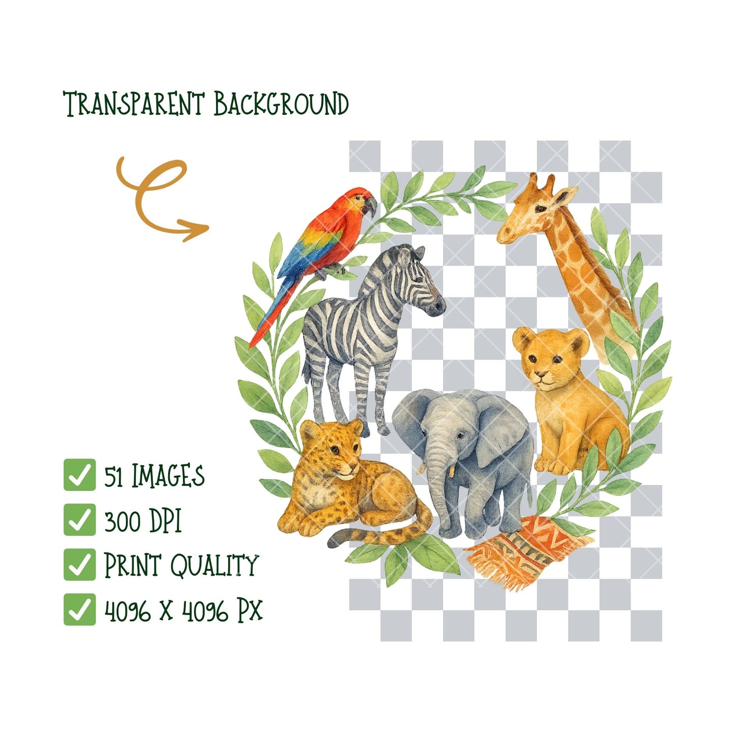 Watercolor Safari Animals Clipart PNG | African Savanna Jungle Animals | Nursery & Classroom Decor | Wildlife PNG Set | Commercial Use