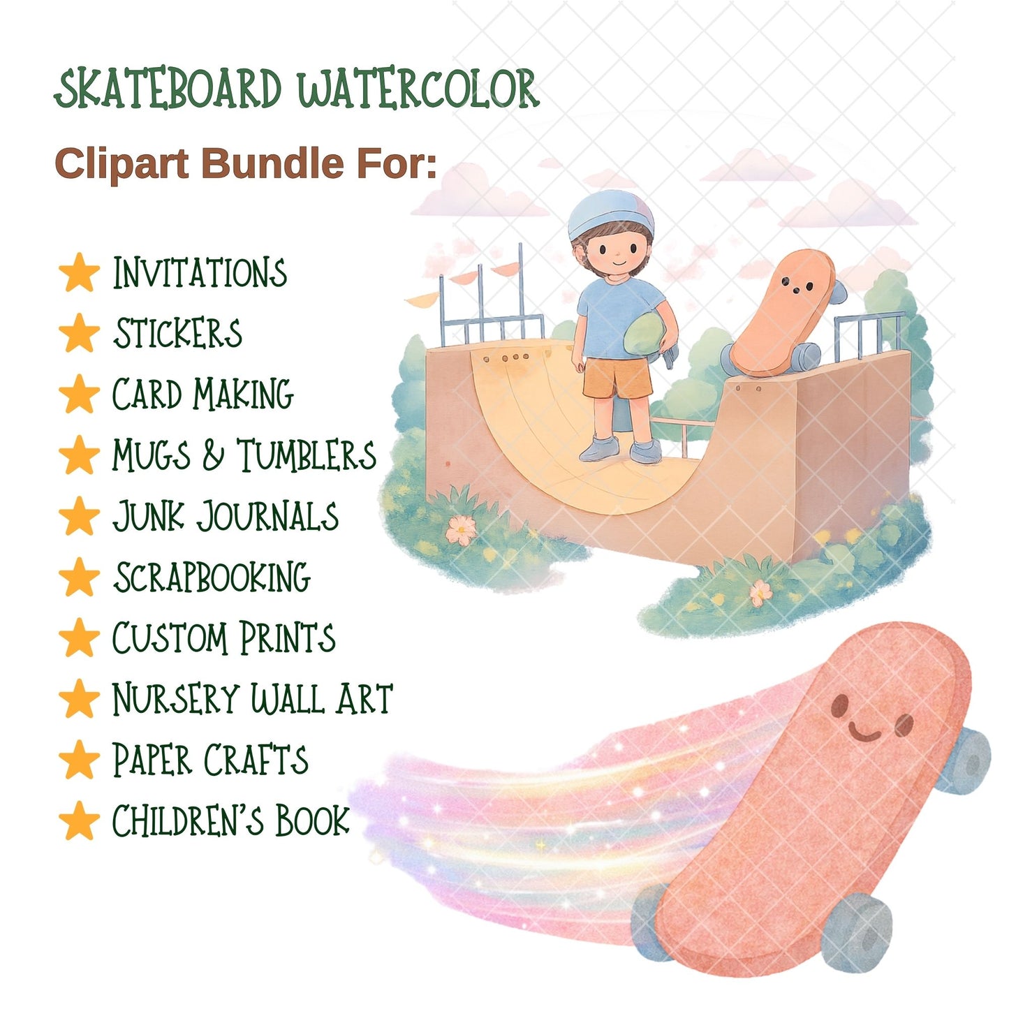 Skateboard Watercolor PNG Clipart – Kids Skaters, Ramps & Boards (50 Files)