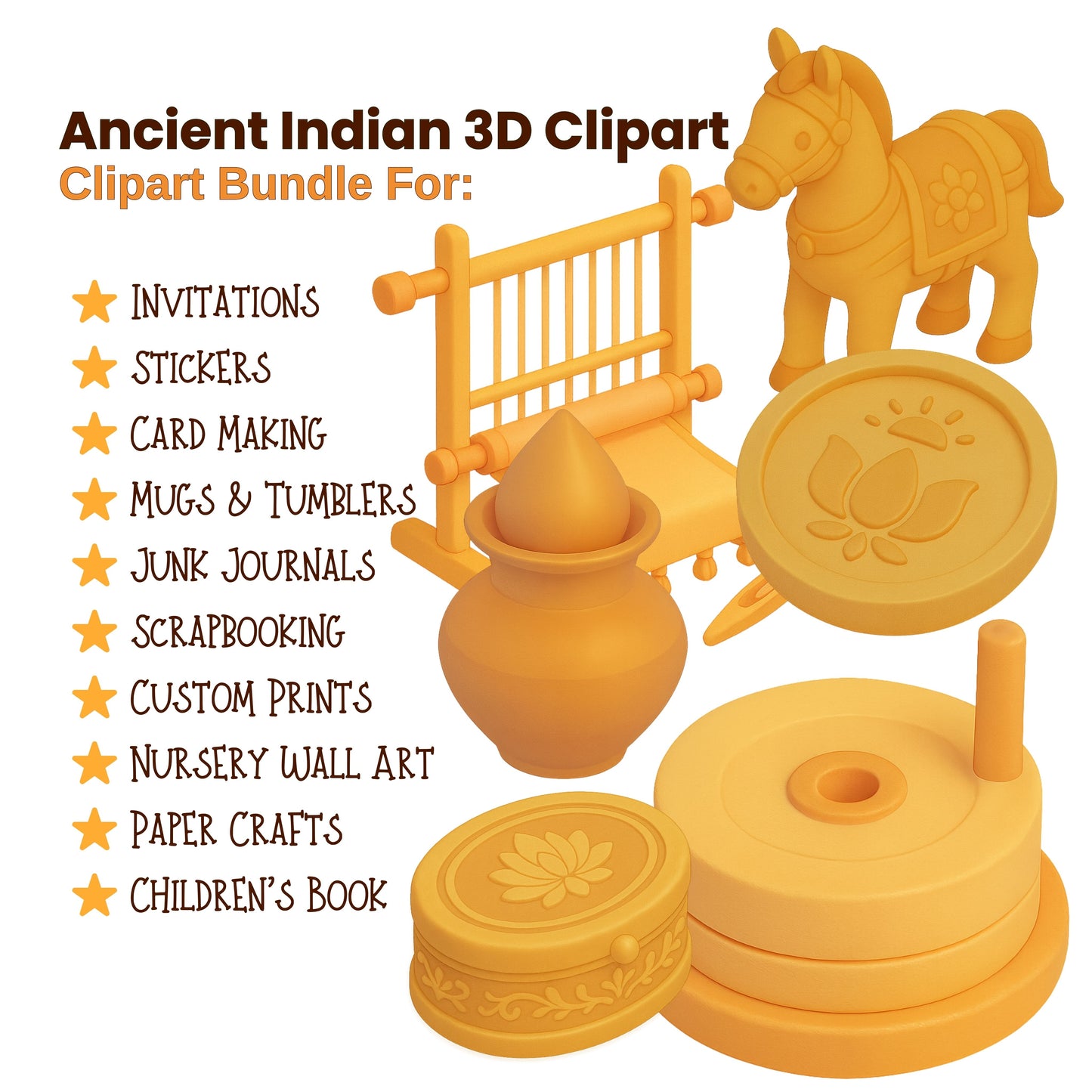 Ancient Indian Clipart Bundle – 3D Cultural PNG, Indian Heritage & Festival Graphics, Yoga & History Art, 55 PNG