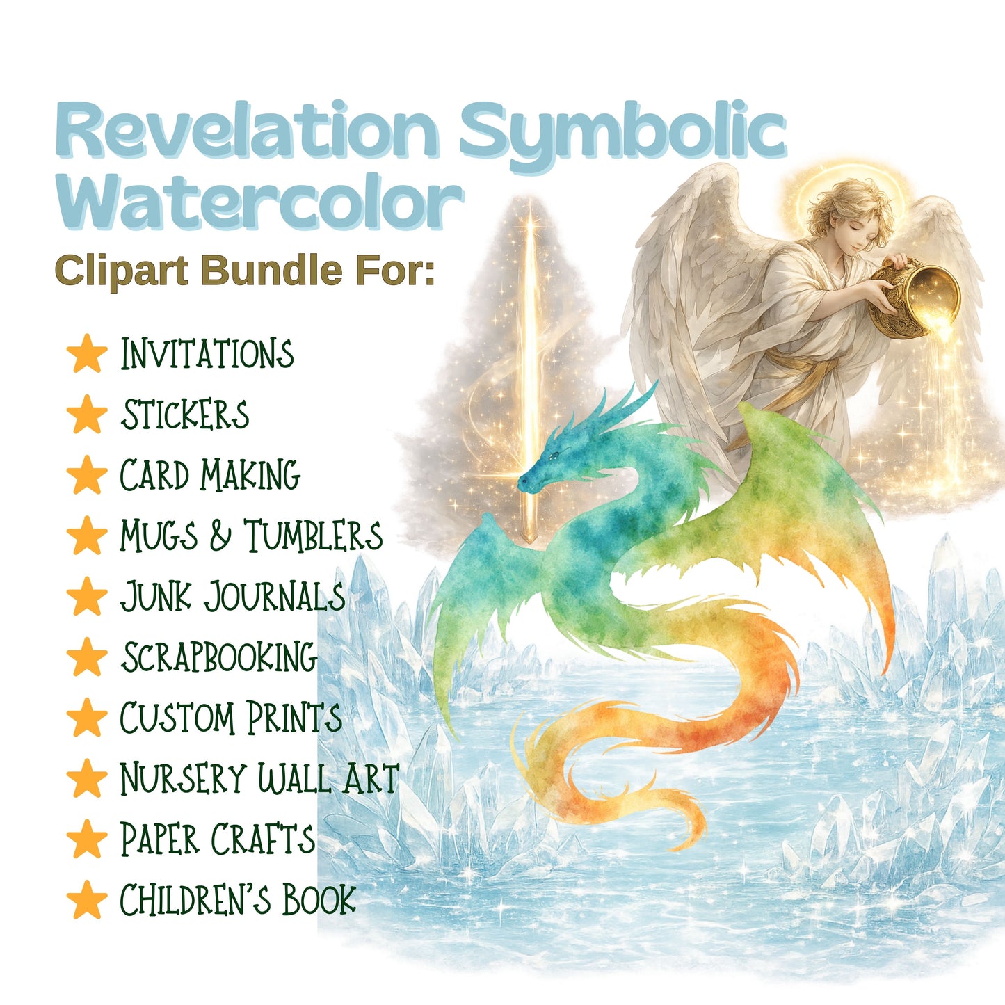 Revelation Clipart – 60 Angel & Heaven PNG Files – Christian Symbolic Watercolor Graphics