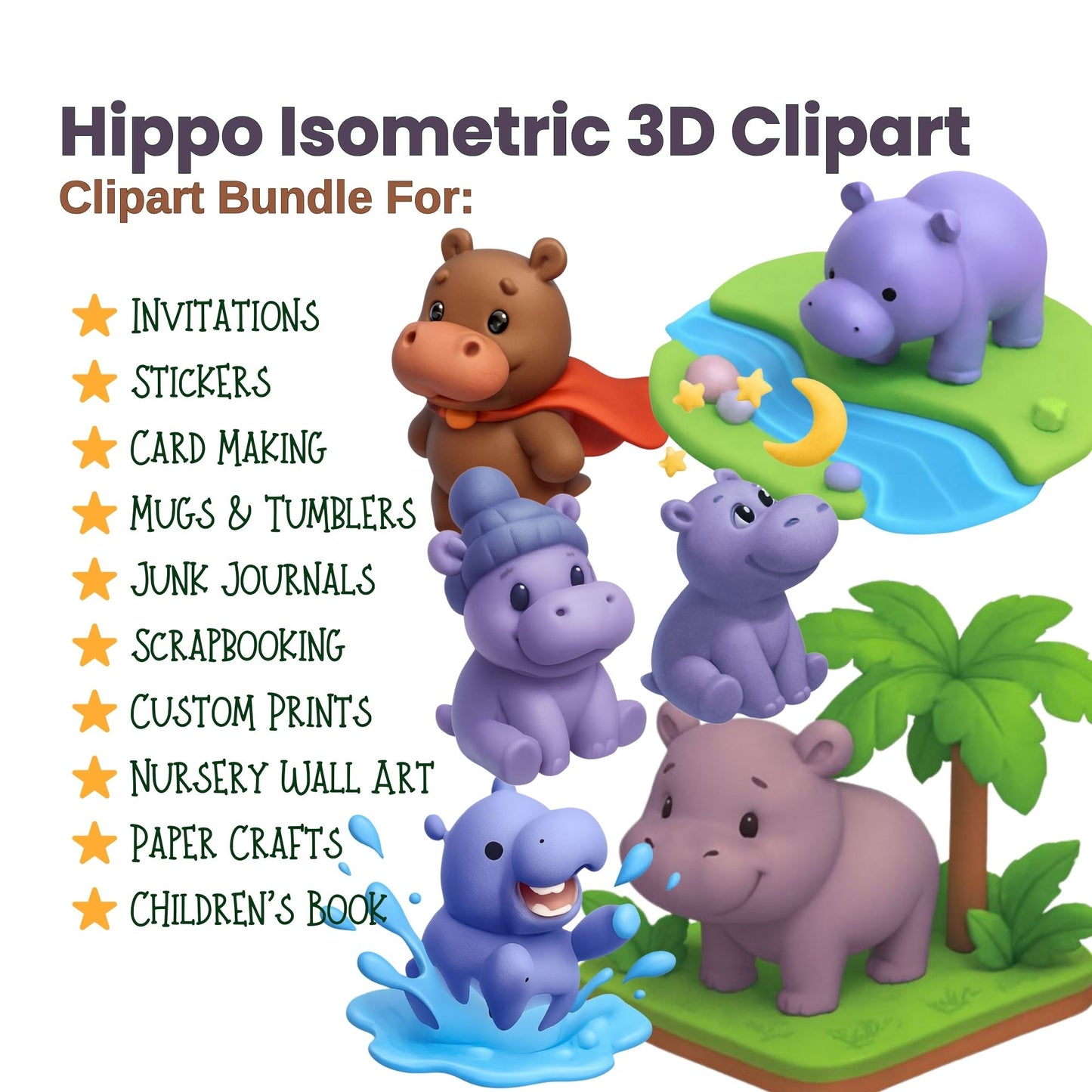 Cute Hippo Clipart Bundle – 3D Isometric Kawaii Hippo PNG, Nursery & Baby Shower Animals, Kids Clipart, 44 PNG