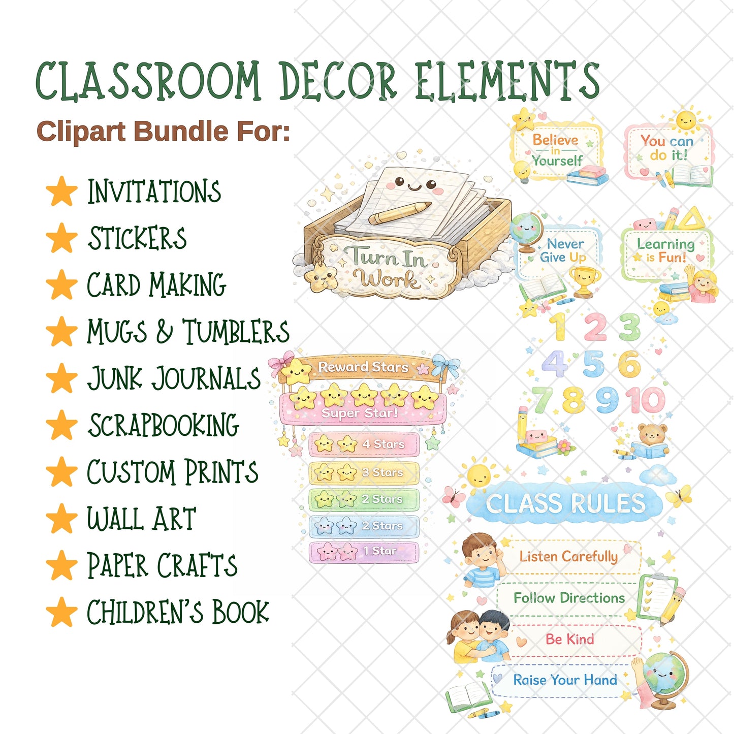 Kawaii Classroom Decor Clipart – 55 3D School PNGs | Teacher Printables, Bulletin Board, Labels & Signs
