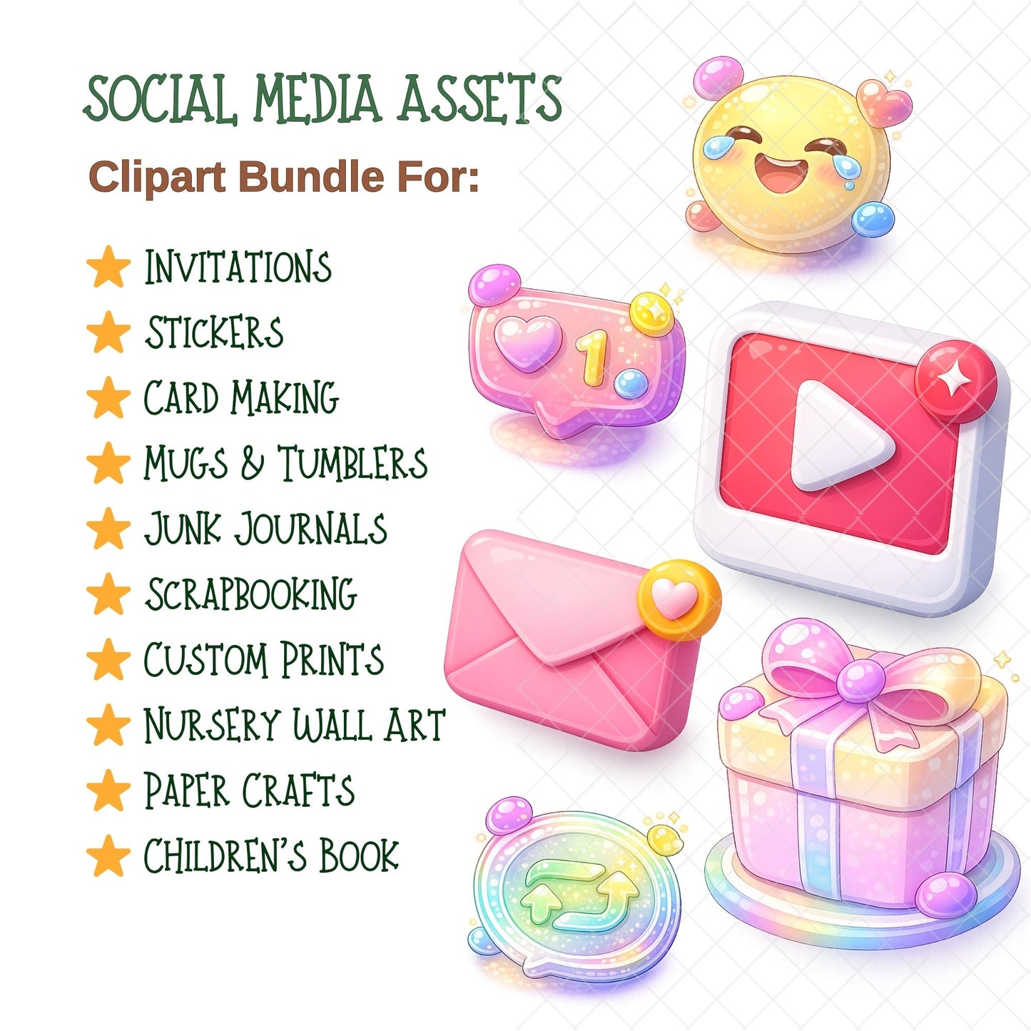 Kawaii Social Media Icons Clipart | 3D Cute UI Buttons PNG | Stream Overlay Graphics | YouTube TikTok Instagram Assets | Content Creator Bundle
