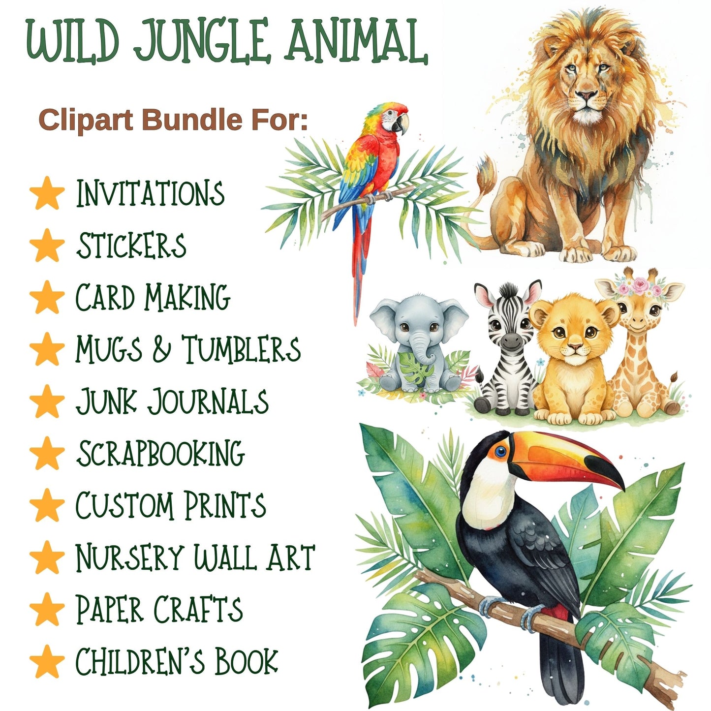 Watercolor Jungle Animal Clipart – Safari PNG Bundle | Lions, Elephants, Toucans, Tropical Animals (50 Files)