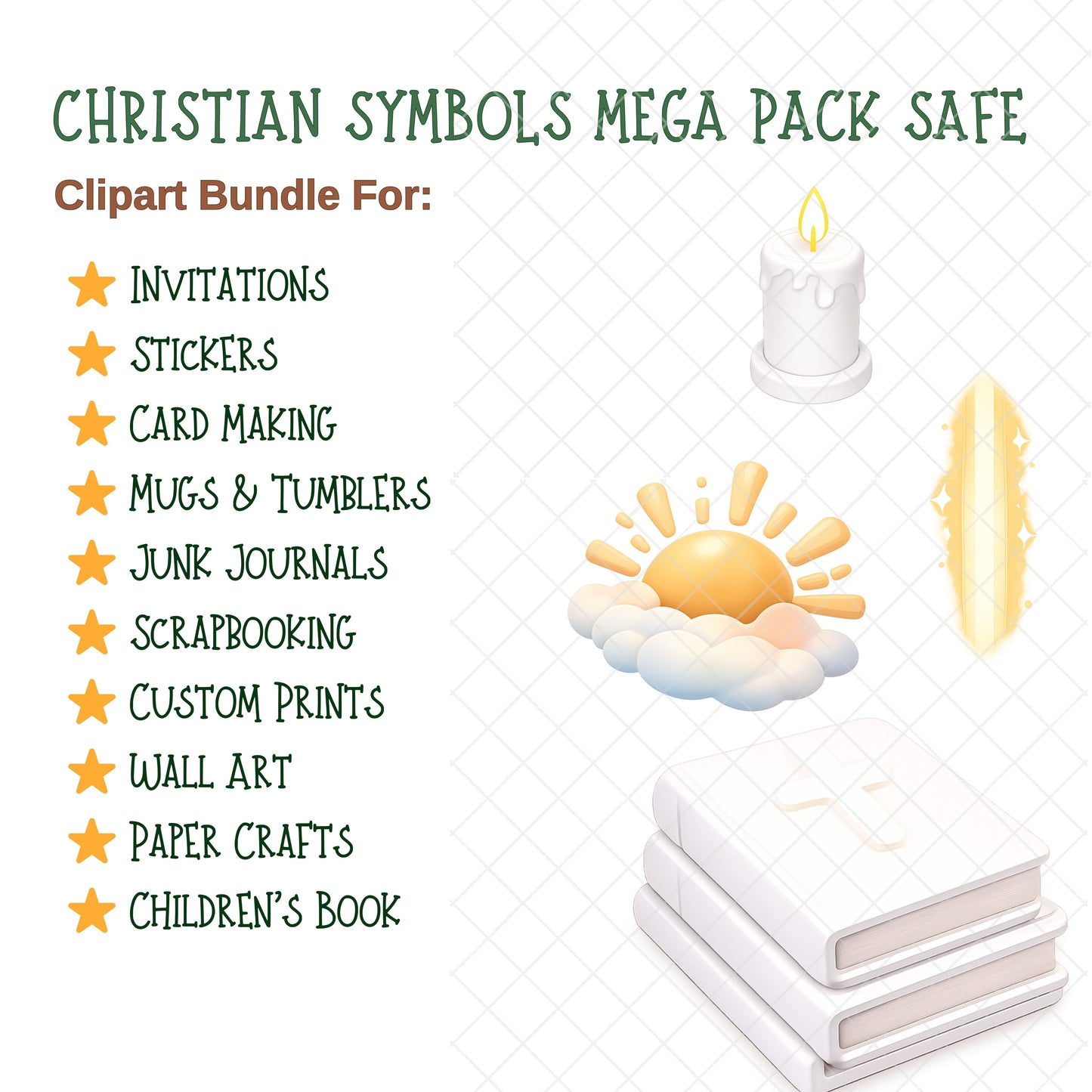 Christian Symbols Clipart Bundle – 60 PNG Files | Faith-Based 3D Clipart for Church, Sunday School & Bible Crafts